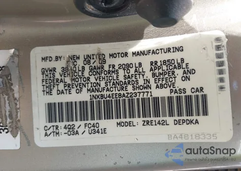 2010 Toyota Corolla Le z USA, uszkodzony, nr VIN 1NXBU4EE8AZ237771